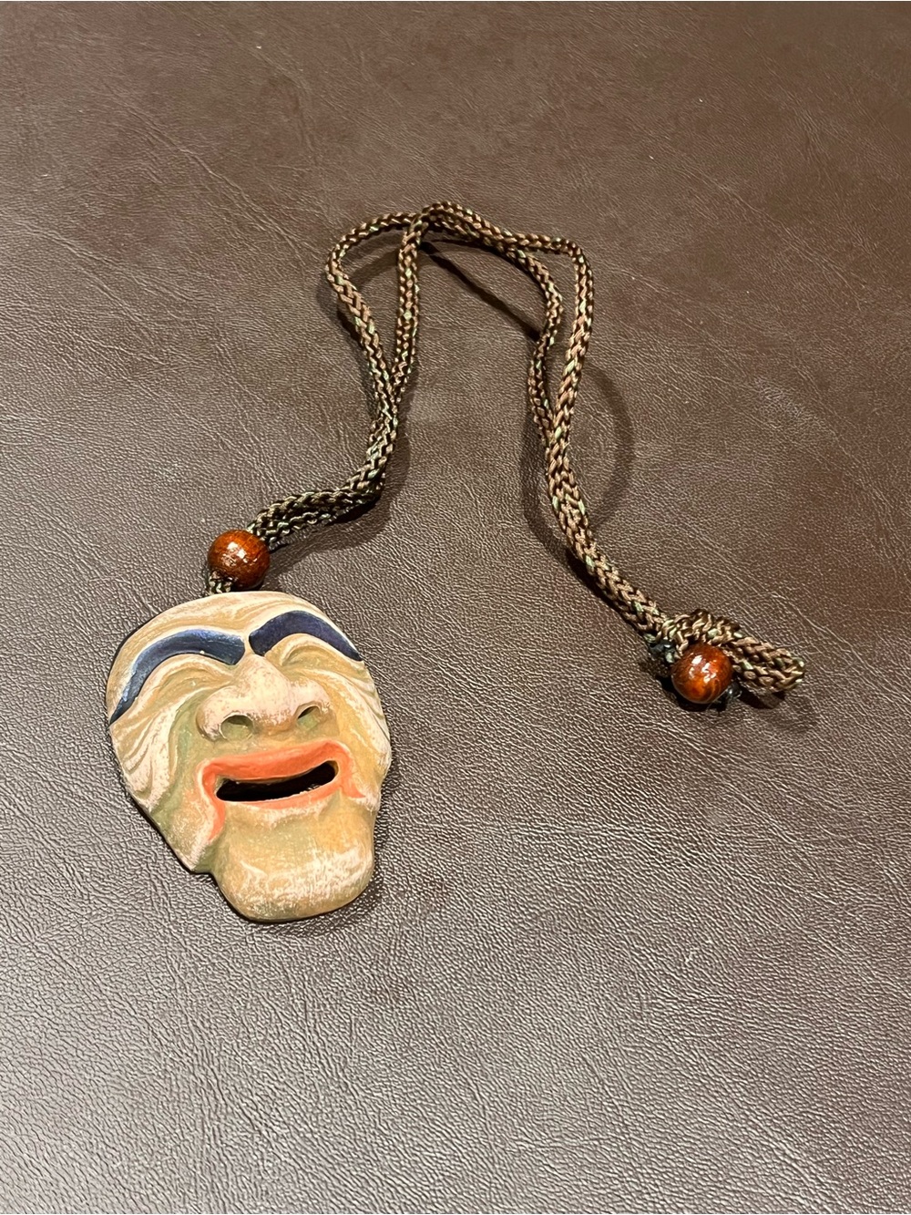 Vintage  Mask Face Pendant Necklace w/ Cord & Wooden Beads, Marked Stamp